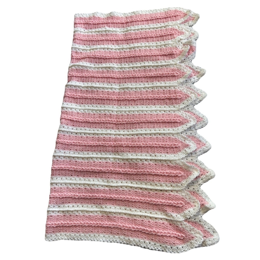 Handmade Crocheted Pink/White Blanket Baby Girl 31.5"W X 38"L